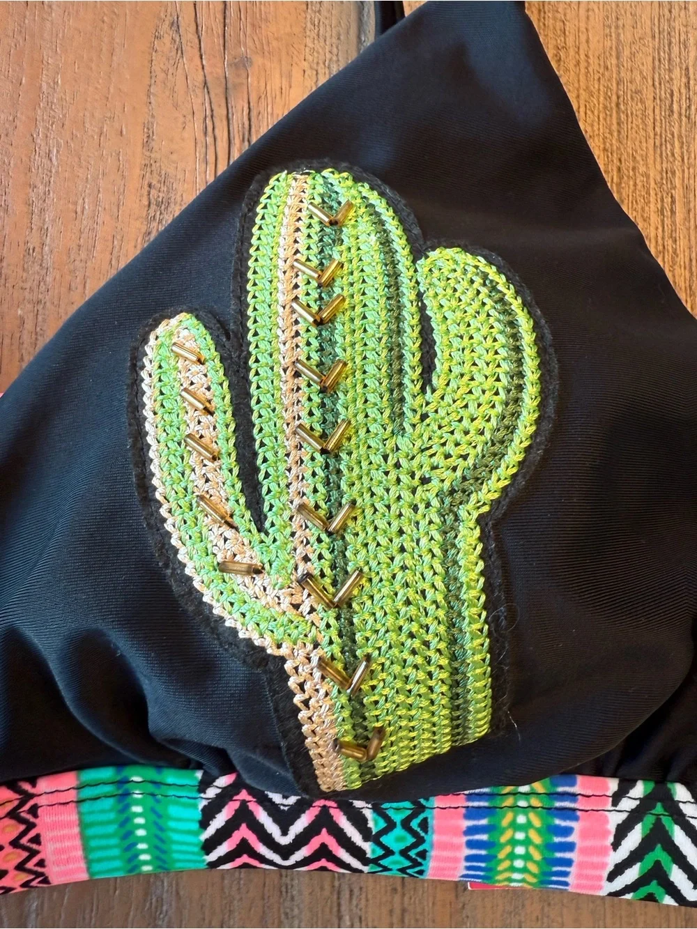 Xhilaration D/DD Cactus Embroidered Bikini Top Black Neon Southwest NWT